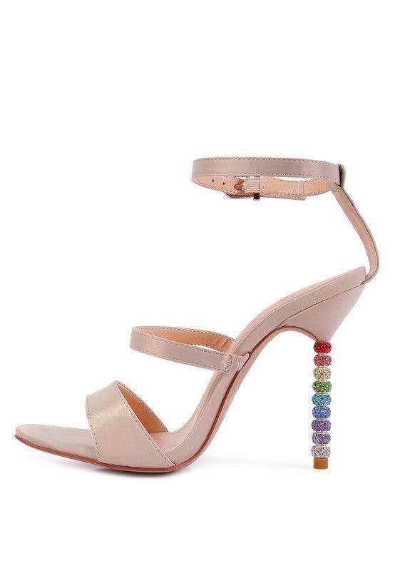 Rag Company satin ball heel shoes featuring a stylish ankle strap and colorful beaded heel
