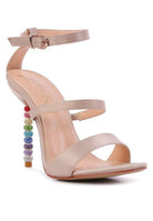 Rag Company satin ball heel shoes in beige with colorful beaded detail on the heel for elegant style