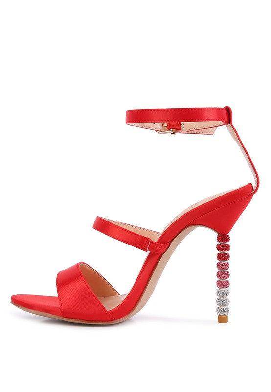 Red satin ball heel shoes with sparkling heel detail and adjustable strap for stylish elegance