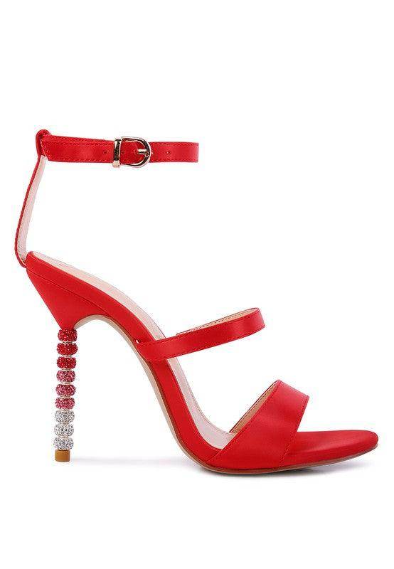 Stylish red satin ball heel shoes with ankle strap and sparkling embellished heel