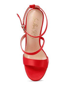 Rag Company women’s red satin ball heel shoes with stylish ankle strap design