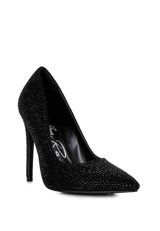 Black heat-seal court heels for women with sparkling embellishments