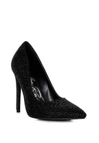 Black heat-seal court heels for women with sparkling embellishments