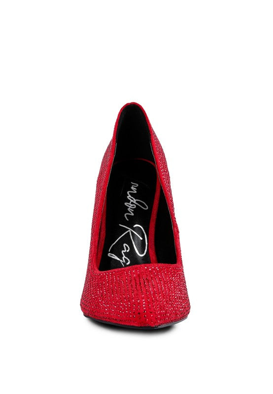 red heat-seal court heels for women with sparkling details