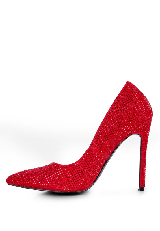 Red heat-seal court heels for women with sparkling rhinestones