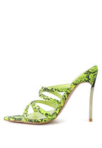 Women's neon animal print high heel sandals in vibrant green, perfect for nightlife
