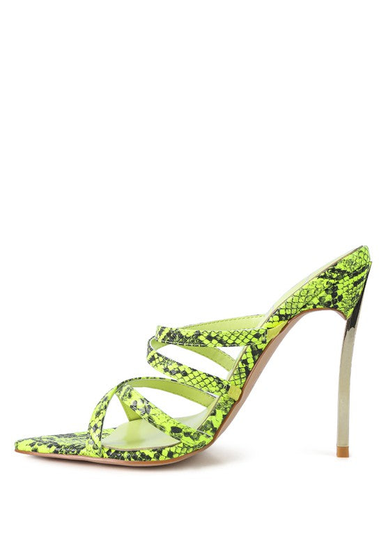 Women's neon animal print high heel sandals in vibrant green, perfect for nightlife