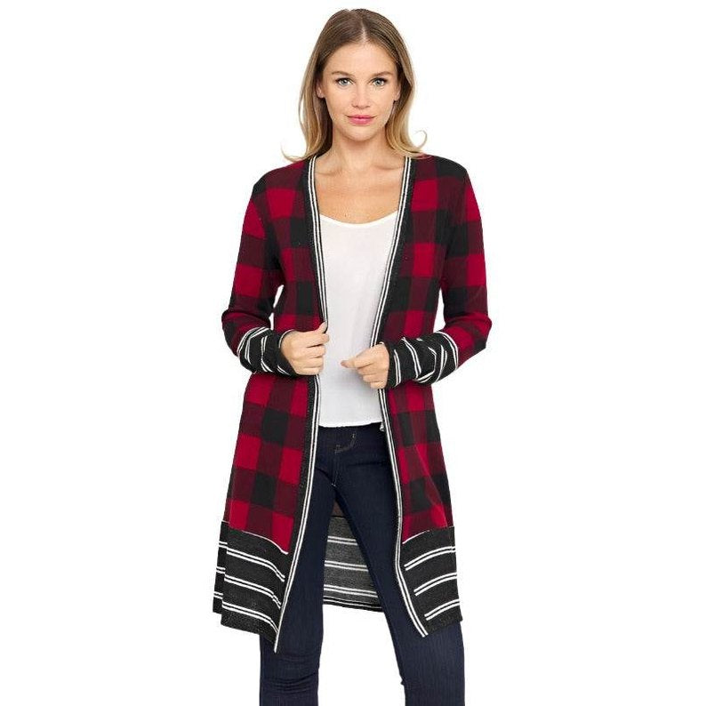 Long Buffalo Plaid Stripe Trim Open Cardigan - VacationGrabs