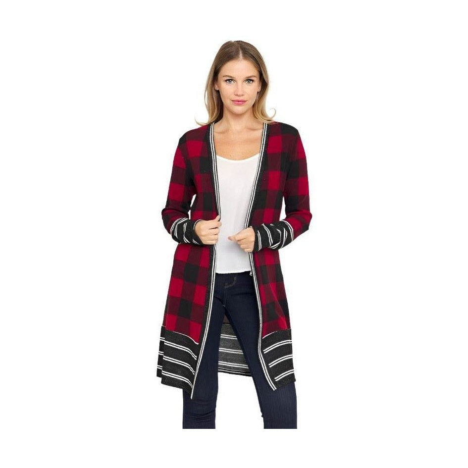 Long Buffalo Plaid Stripe Trim Open Cardigan - VacationGrabs