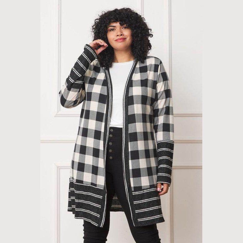 Long Buffalo Plaid Stripe Trim Open Cardigan - VacationGrabs