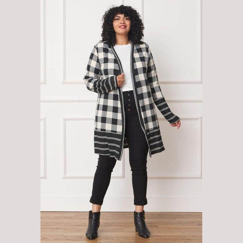 Long Buffalo Plaid Stripe Trim Open Cardigan - VacationGrabs