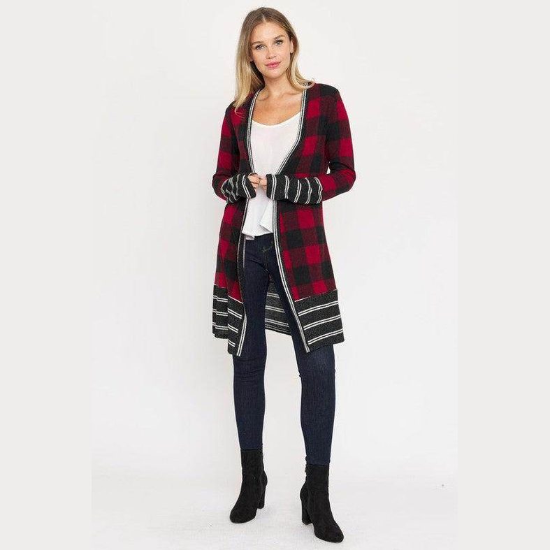 Long Buffalo Plaid Stripe Trim Open Cardigan - VacationGrabs