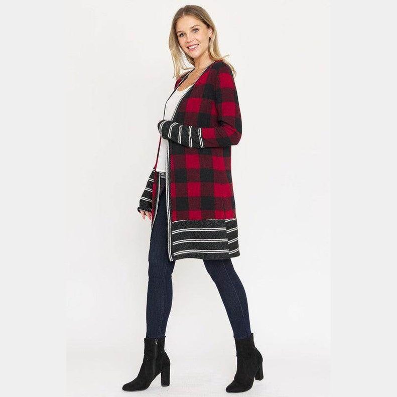 Long Buffalo Plaid Stripe Trim Open Cardigan - VacationGrabs