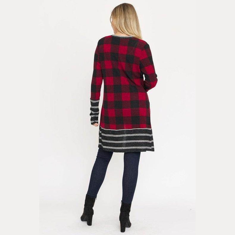 Long Buffalo Plaid Stripe Trim Open Cardigan - VacationGrabs