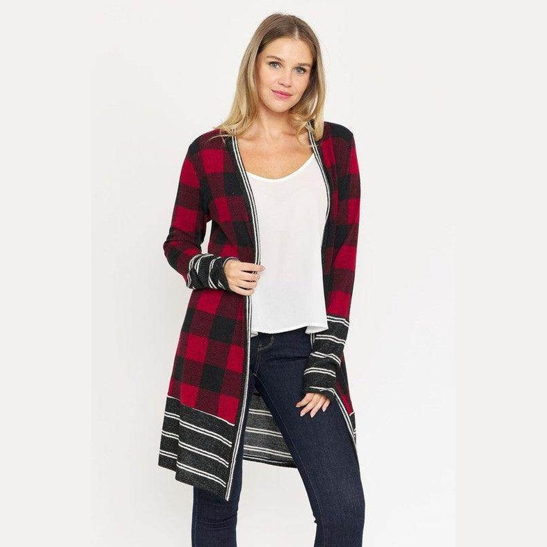 Long Buffalo Plaid Stripe Trim Open Cardigan - VacationGrabs