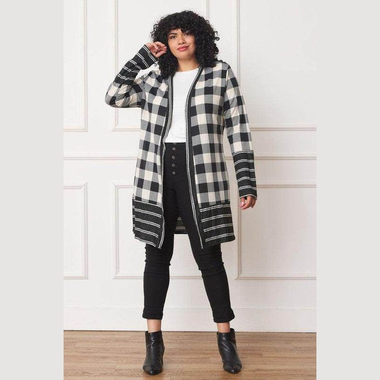 Long Buffalo Plaid Stripe Trim Open Cardigan - VacationGrabs