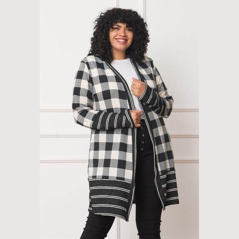 Long Buffalo Plaid Stripe Trim Open Cardigan - VacationGrabs
