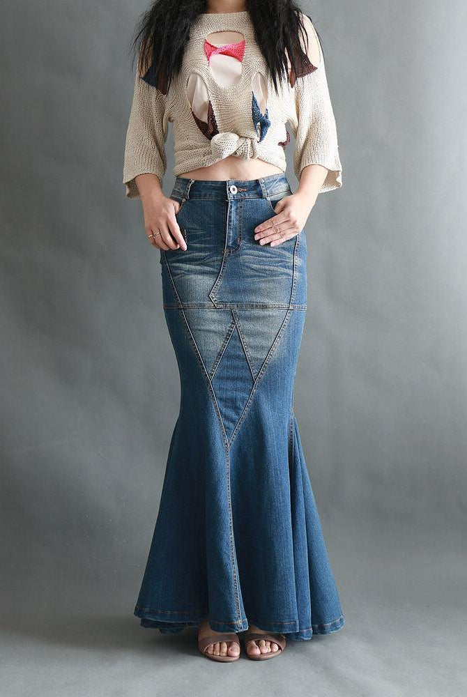 Women's Skirts Long Denim Mermaid Style Jean Skirts For Women Stretch S-Xl