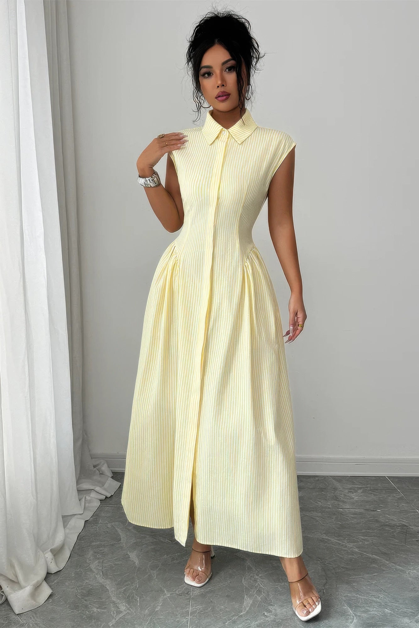 Women's yellow long dress and long sleeve, stylish cotton for summer events