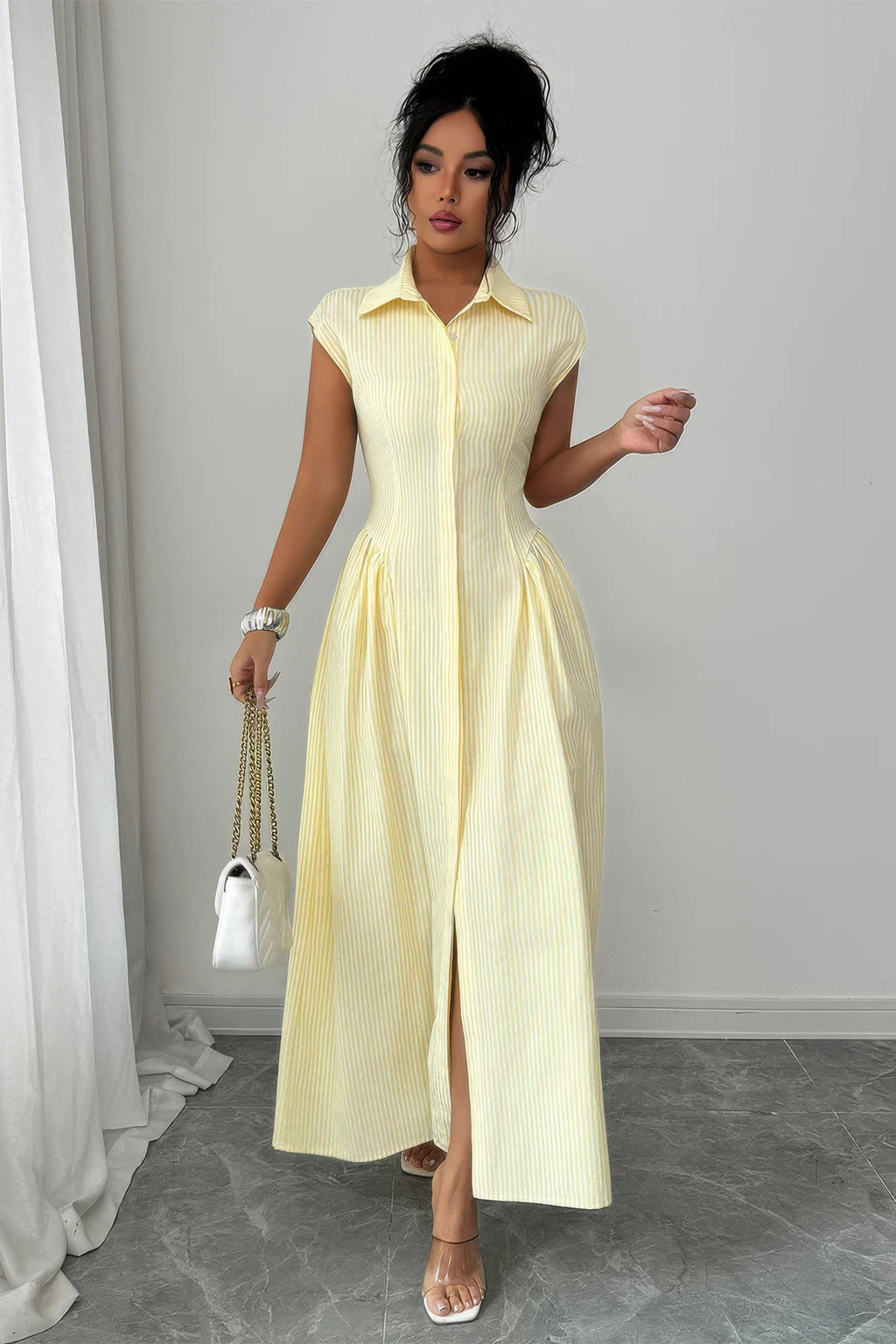Women's yellow long dress and long sleeve for casual occasions