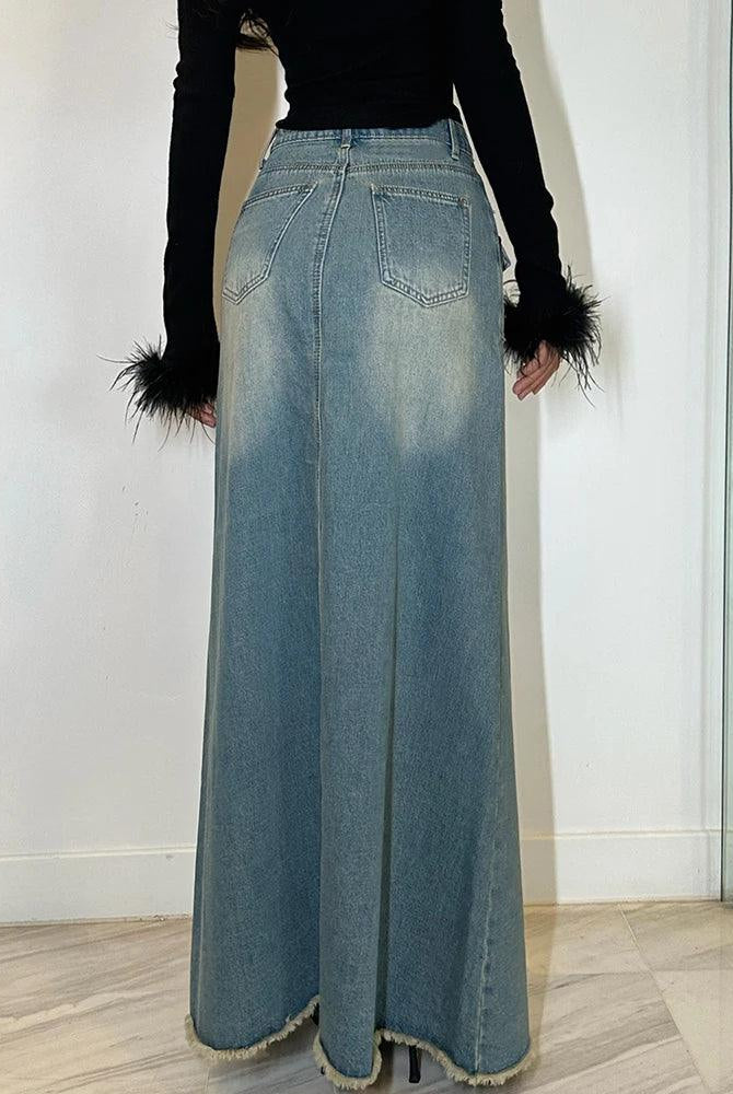 Women's Skirts Long Jean Cargo Skirt Bleached Blue Maxi Denim Skirt High Waist A-line