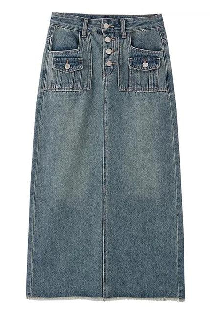 Women's Skirts Long Jean Cargo Skirt Bleached Blue Maxi Denim Skirt High Waist A-line
