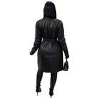 Back view of a stylish long leather coat for men, featuring a belted waist and sleek design.
