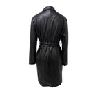 Back view of a stylish black long leather coat for men with a belted waist from SHOMICOBOUTIQUE