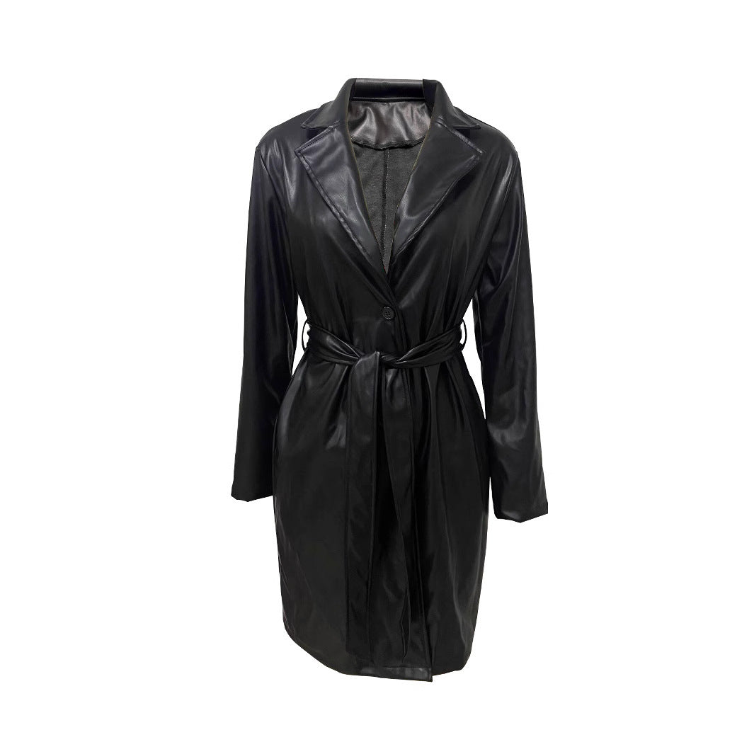 Stylish SHOMICOBOUTIQUE long leather coat for men with a belted waist and classic collar