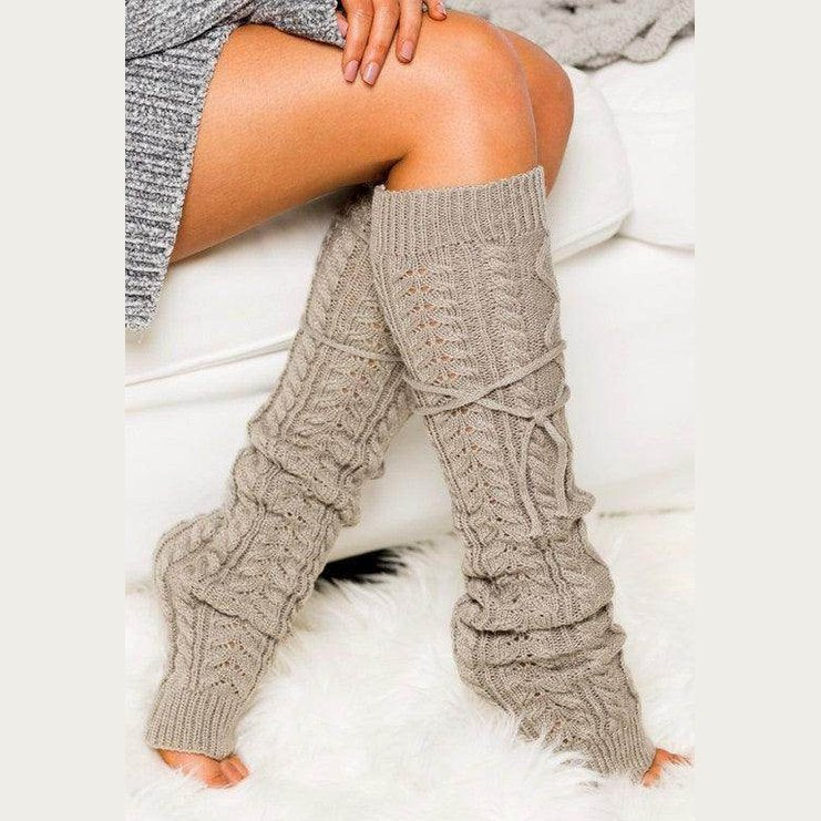 Stylish Aili's Corner long leg warmers fashion in soft beige knit, perfect for winter layering