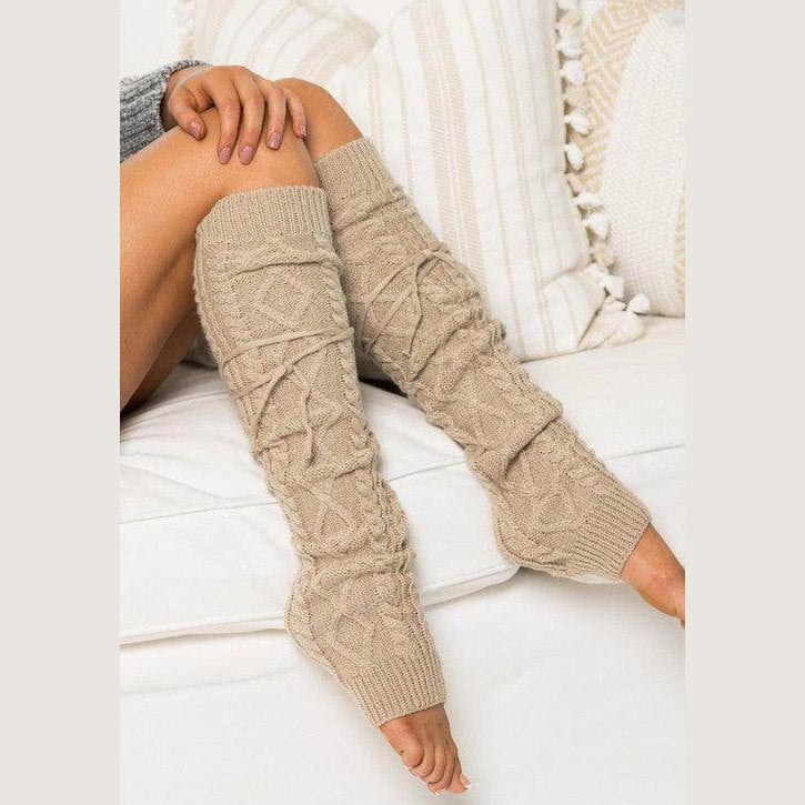 Aili's Corner long leg warmers fashion in beige with cable knit design for stylish comfort