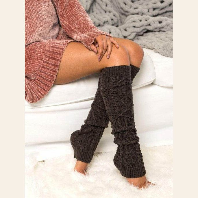 Stylish brown long leg warmers fashion with textured design, perfect for cozy outfits