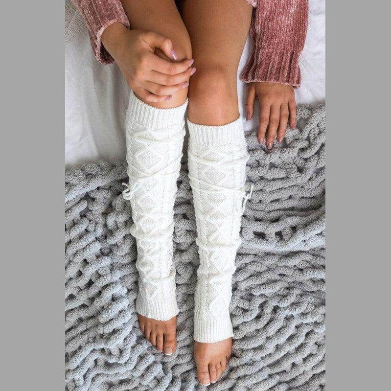 Aili's Corner long leg warmers fashion in cozy white knit design perfect for winter outfits