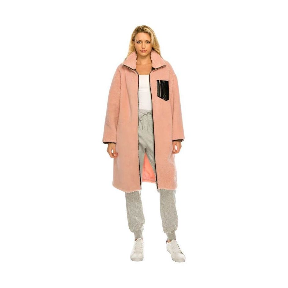 Andante USA long pink fleece coat with a black pocket, perfect for stylish warmth and comfort