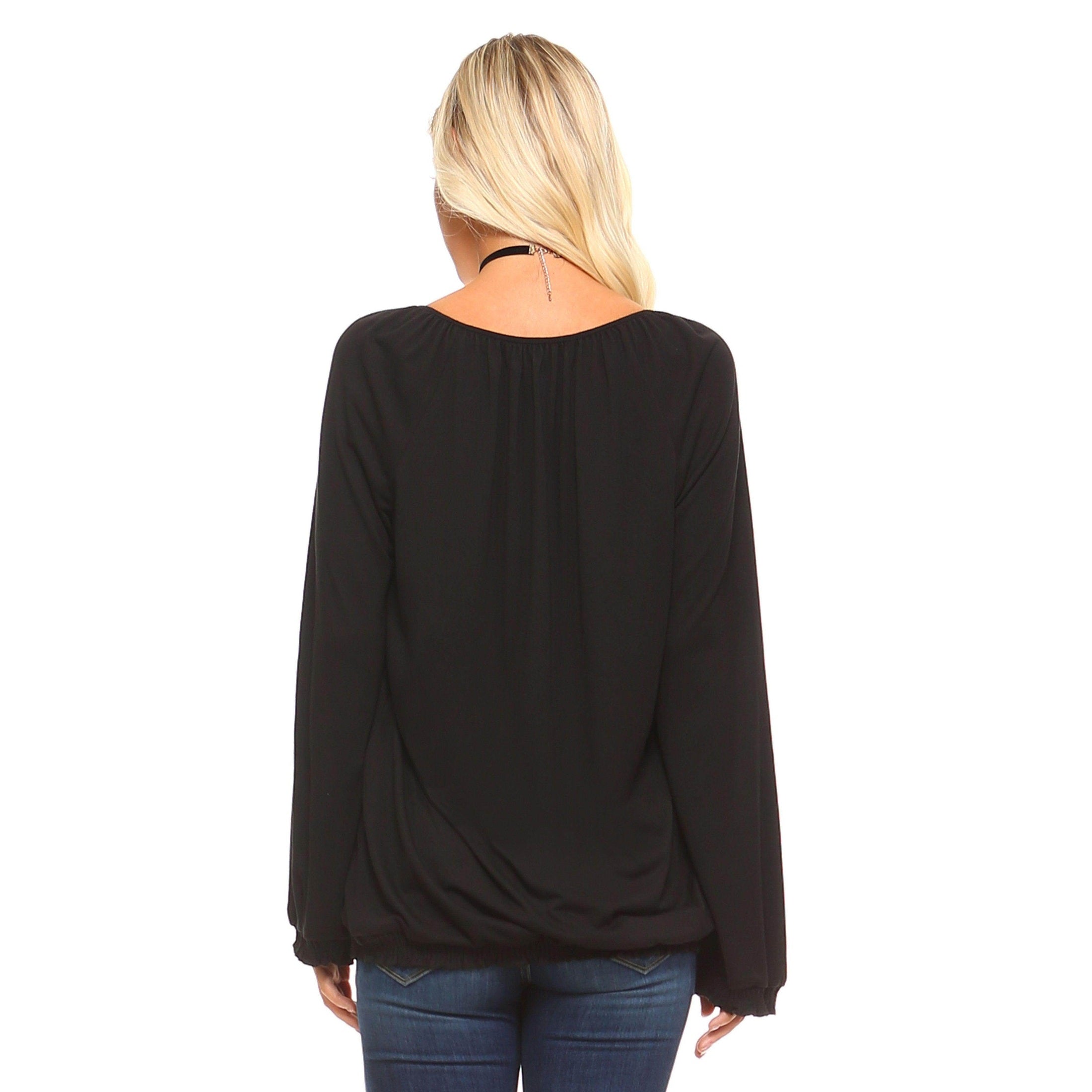 Ivory Felix long sleeve black top for women featuring a relaxed fit and back tie detail