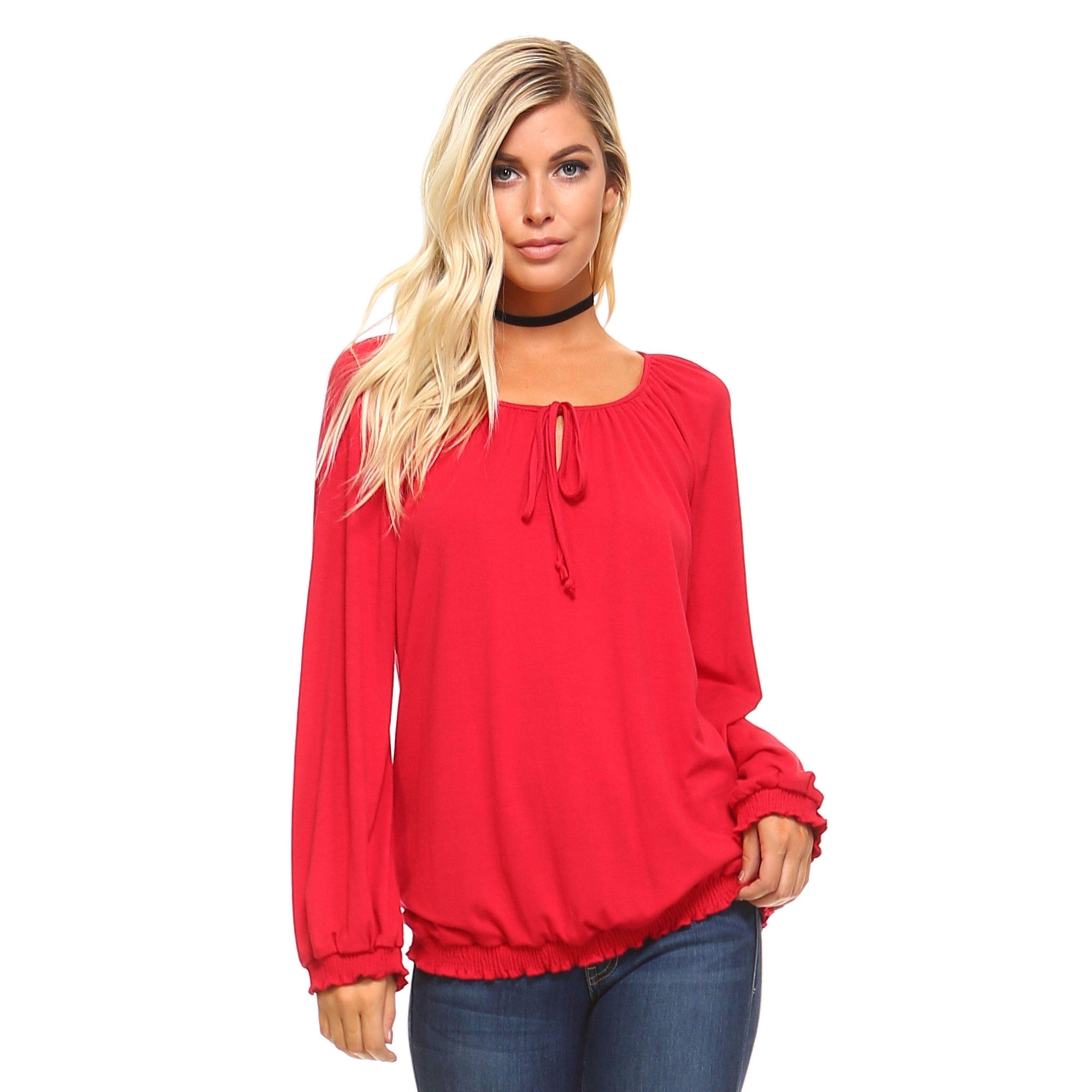 Women wearing a stylish long sleeve black top with a gathered neckline by Ivory Felix