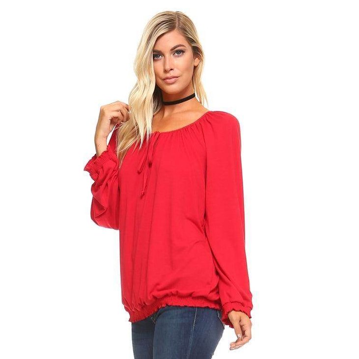 Women's red long sleeve black top by Ivory Felix with a relaxed fit and long sleeves
