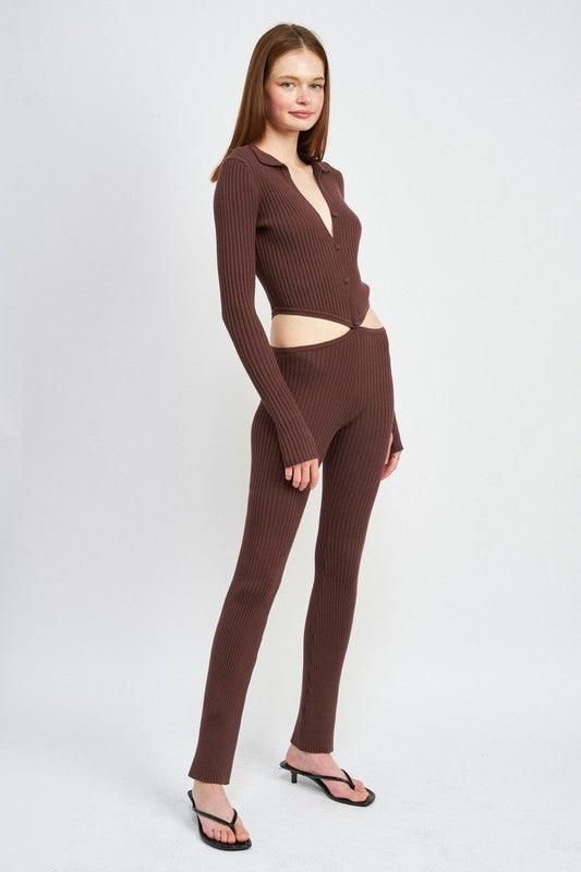 Women's Jumpsuits & Rompers Long Sleeve Button Up Jumpsuit With Side Cut Outs