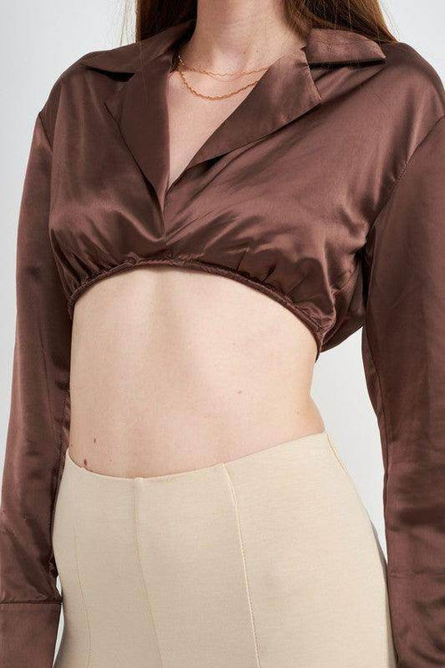 Long Sleeve Collared Crop Top With Underwire - VacationGrabs