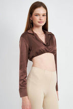Long Sleeve Collared Crop Top With Underwire - VacationGrabs