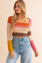 Women's Shirts Long Sleeve Color Block Stripe Knit Top