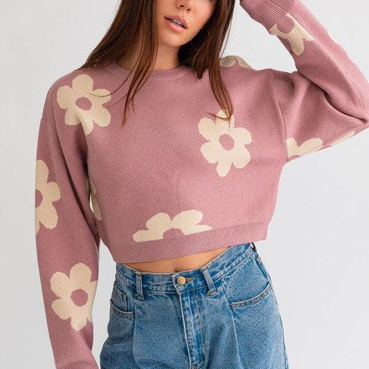 Women's Sweaters Long Sleeve Crop Sweater With Daisy Pattern