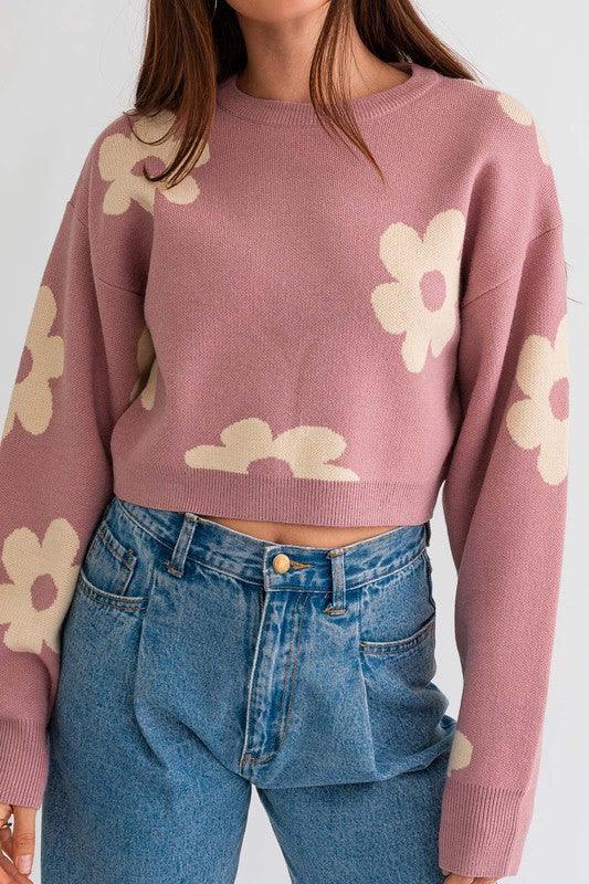 Women's Sweaters Long Sleeve Crop Sweater With Daisy Pattern