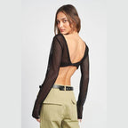 Emory Park long sleeve cropped vacation top in sheer black mesh with an open back design