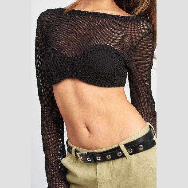 Emory Park long sleeve cropped vacation top in black with stylish mesh design for a trendy look