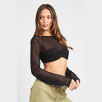 Emory Park long sleeve cropped vacation top in black with sheer mesh detail for stylish summer outfits