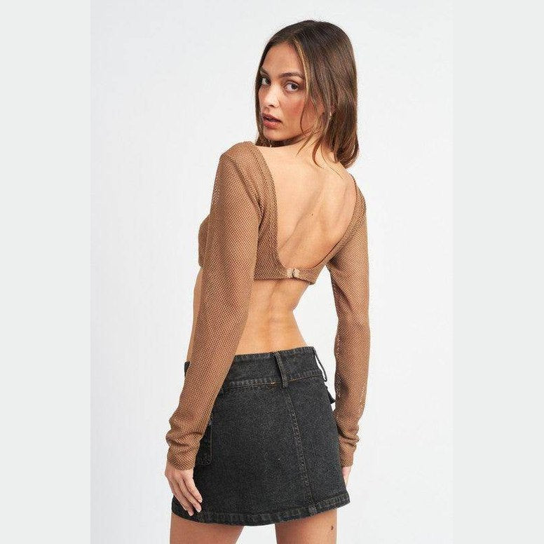 Emory Park long sleeve cropped vacation top in brown with a stylish open back design
