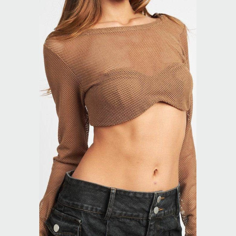 Emory Park long sleeve cropped vacation top in brown mesh fabric for stylish summer looks