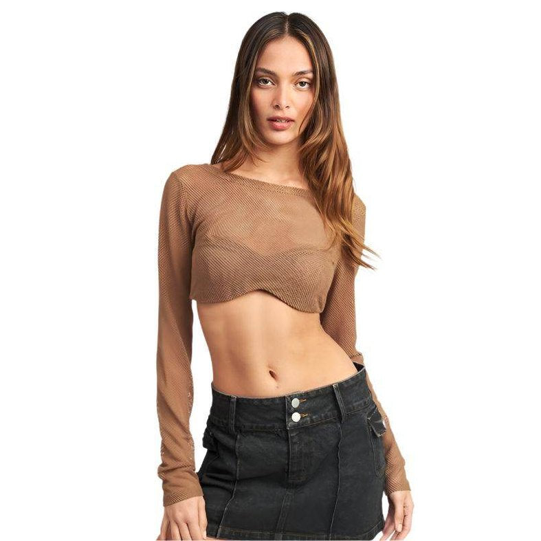 Emory Park long sleeve cropped vacation top in brown with a fitted design for stylish summer outings
