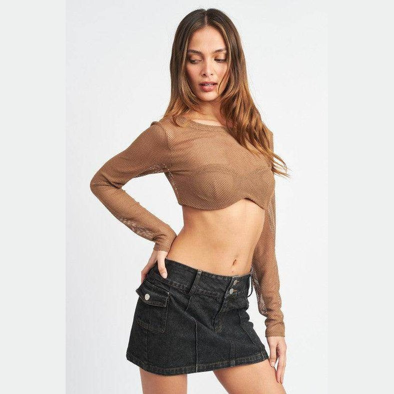 Emory Park long sleeve cropped vacation top in brown, styled with a denim mini skirt for a trendy look